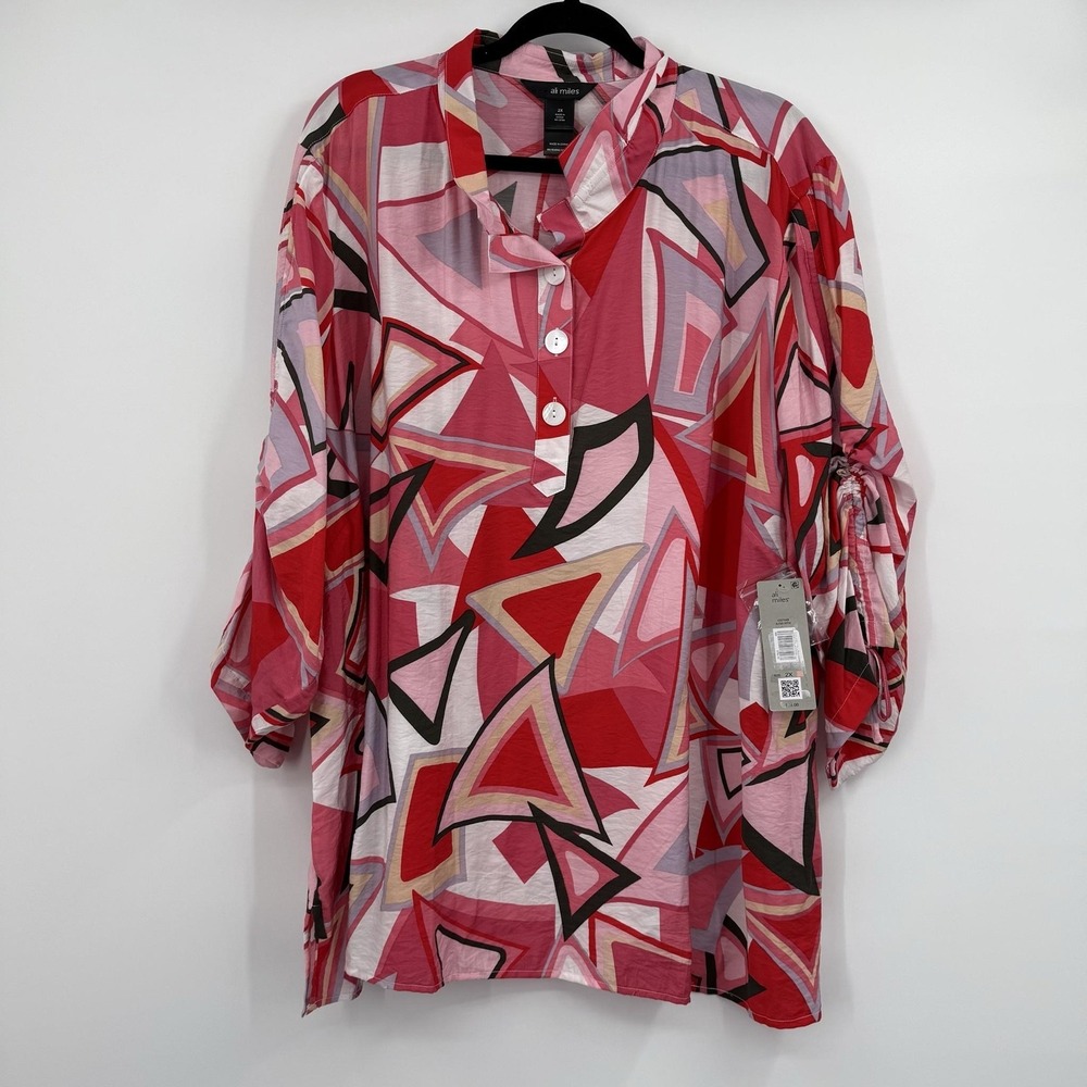 Ali Miles Tunic Blouse Womens 2X‎ Pink Geometric Collared Button Long Sleeve